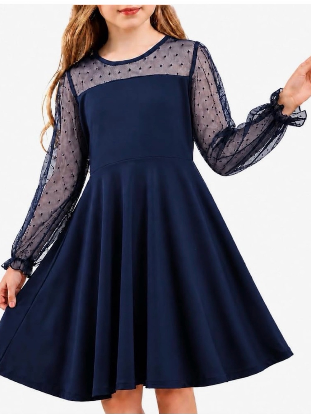 NWOT Girls' Navy Dot Mesh Yoke Party Dress, age 12-14 yrs old